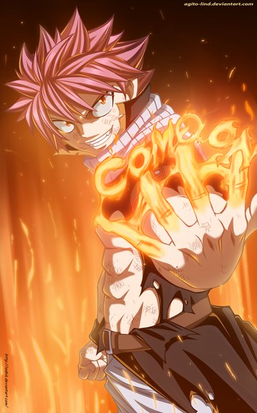 Anime picture 900x1445 with fairy tail natsu dragneel aagito single tall image short hair smile pink hair orange eyes sleeveless grin coloring torn clothes magic muscle boy belt scarf fire fist