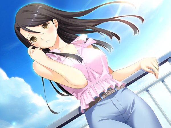 Anime picture 1024x768 with fluorite memories long hair black hair brown eyes game cg girl