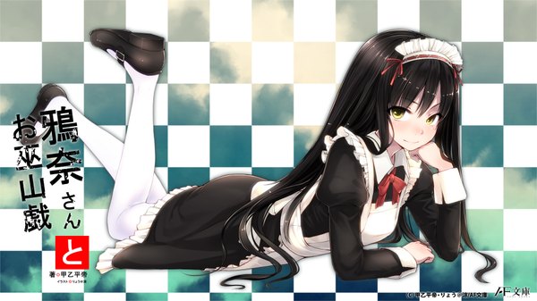Anime picture 1920x1080 with ryou@ryou long hair looking at viewer highres black hair wide image yellow eyes lying maid legs girl shoes headdress maid headdress