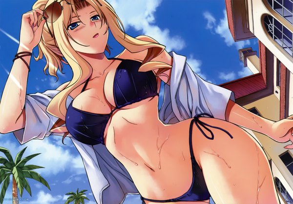 Anime picture 9478x6618 with freezing elizabeth mayberry kim kwang hyun single long hair blush highres breasts blue eyes light erotic blonde hair absurdres ponytail scan official art adjusting sunglasses girl navel swimsuit bikini