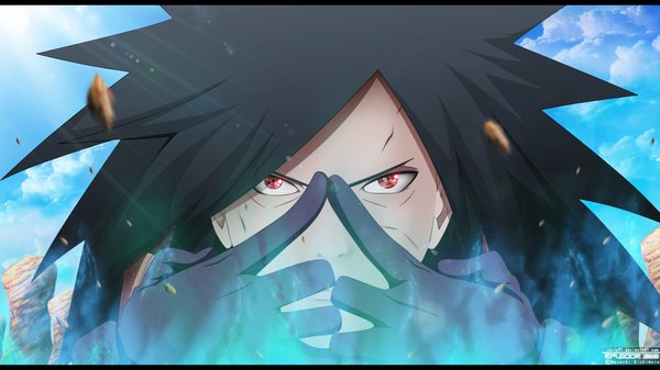 Anime picture 1920x1080 with naruto studio pierrot naruto (series) uchiha madara jayto91 single long hair highres black hair red eyes wide image sky cloud (clouds) sunlight coloring close-up sharingan boy gloves black gloves