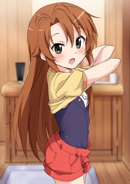 Anime picture 1612x2277 with non non biyori silver link koshigaya komari mousou (mousou temporary) single long hair tall image blush open mouth light erotic brown hair looking away black eyes undressing lolicon girl swimsuit shorts one-piece swimsuit school swimsuit