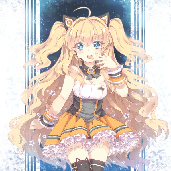 Anime picture 2480x2480 with vocaloid seeu north abyssor single long hair blush highres open mouth blue eyes blonde hair ahoge symbol-shaped pupils girl thighhighs dress black thighhighs star (symbol)