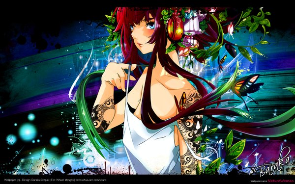 Anime picture 1680x1050 with original senano-yu single long hair blue eyes wide image red hair tattoo girl plant (plants) insect butterfly