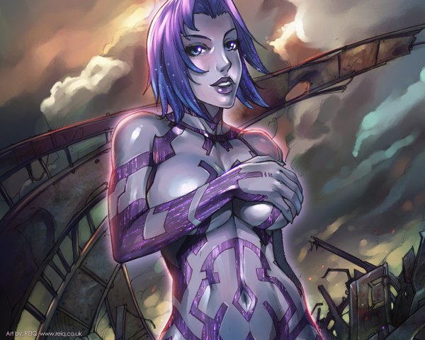 Anime picture 1280x1024 with halo (game) cortana single short hair breasts blue eyes light erotic large breasts sky purple hair cloud (clouds) lips ruins girl