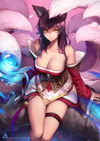 Anime picture 905x1280 with league of legends ahri (league of legends) oopartz (grooooovy) single long hair tall image looking at viewer breasts light erotic smile large breasts sitting animal ears yellow eyes tail traditional clothes animal tail wide sleeves arm support fox ears