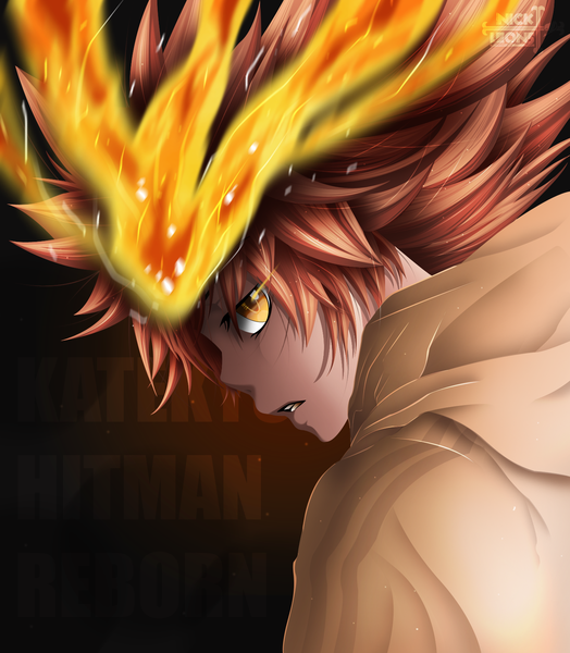 Anime picture 1400x1604 with katekyou hitman reborn sawada tsunayoshi nickleon5 single tall image short hair brown hair yellow eyes profile looking back inscription coloring magic boy fire