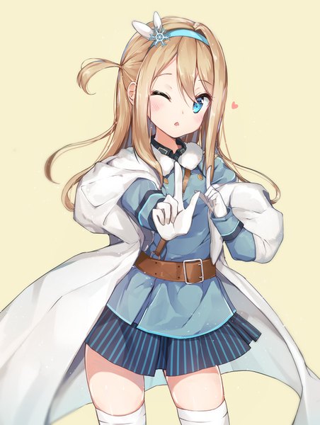 Anime picture 2480x3291 with girls frontline suomi kp31 (girls frontline) bada (jksh5056) single long hair tall image looking at viewer blush fringe highres open mouth blue eyes blonde hair simple background hair between eyes payot one eye closed wink fur trim one side up