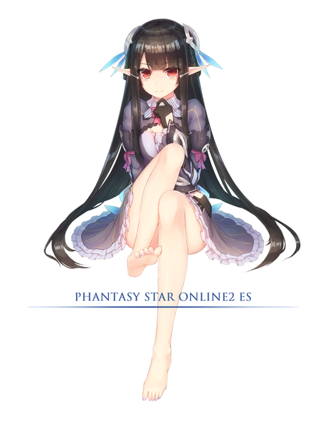 Anime picture 823x1070 with phantasy star phantasy star online 2 sega anette (pso2) munuu single tall image looking at viewer fringe black hair simple background red eyes white background full body bent knee (knees) blunt bangs very long hair barefoot light smile pointy ears