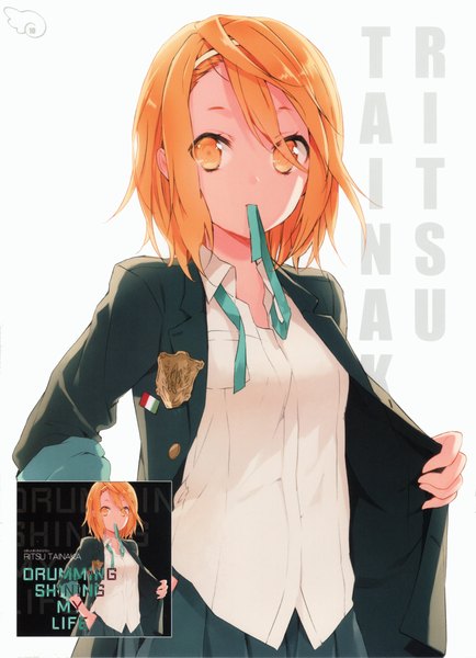 Anime picture 2180x3015 with k-on! kyoto animation tainaka ritsu cuteg single tall image looking at viewer highres short hair simple background white background holding scan orange hair orange eyes mouth hold ribbon in mouth girl skirt ribbon (ribbons)