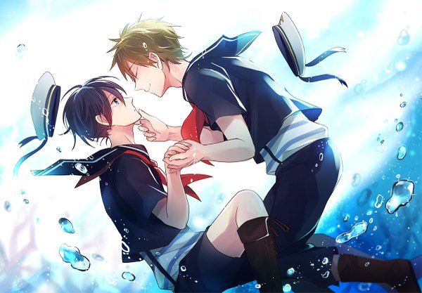 Anime picture 1200x835 with free! kyoto animation nanase haruka (free!) tachibana makoto micky" fringe short hair blue eyes black hair smile hair between eyes brown hair white background bent knee (knees) eyes closed profile multiple boys holding hands underwater face to face