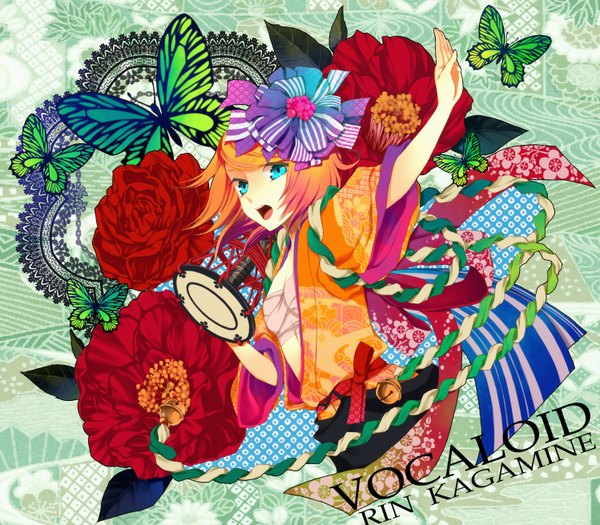 Anime picture 1497x1312 with vocaloid kagamine rin macco (artist) single looking at viewer short hair open mouth blonde hair traditional clothes japanese clothes aqua eyes inscription girl hair ornament flower (flowers) insect butterfly bell bandage (bandages) lace