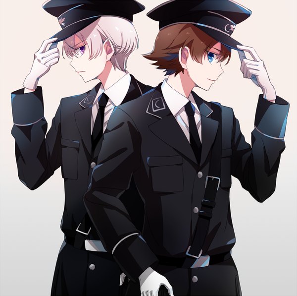 Anime picture 1017x1012 with kakumeiki valvrave sunrise (studio) l-elf karlstein tokishima haruto sana423 short hair blue eyes simple background brown hair purple eyes looking away silver hair profile multiple boys boy gloves uniform white gloves 2 boys military uniform