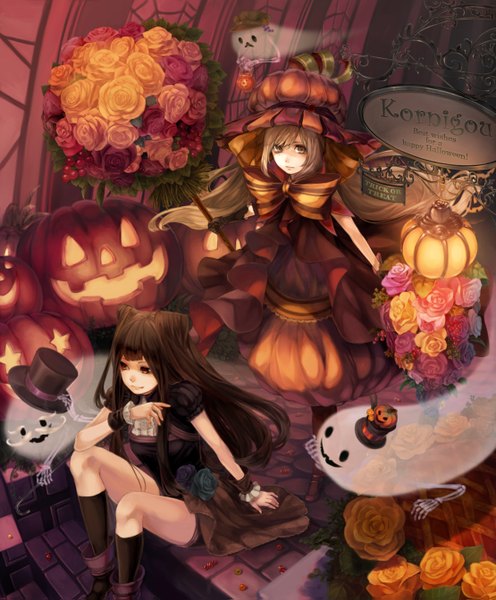Anime picture 1110x1343 with comin (artist) long hair tall image blonde hair smile red eyes brown hair multiple girls brown eyes halloween ghost girl thighhighs dress flower (flowers) bow 2 girls hat rose (roses) lantern