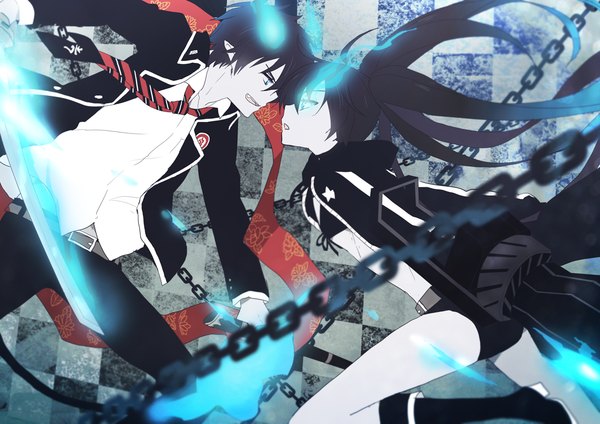 Anime picture 1150x813 with black rock shooter ao no exorcist a-1 pictures black rock shooter (character) okumura rin long hair short hair blue eyes black hair twintails pointy ears teeth fang (fangs) glowing scar glowing eye (eyes) face to face checkered background ribbon (ribbons) necktie