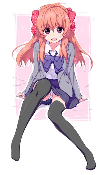 Anime picture 750x1250 with gekkan shoujo nozaki-kun doga kobo sakura chiyo akata itsuki single long hair tall image looking at viewer open mouth light erotic white background sitting purple eyes full body ahoge orange hair pantyshot no shoes polka dot girl