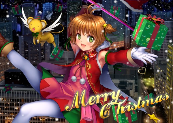 Anime picture 1600x1135 with card captor sakura clamp kinomoto sakura mutsuki (moonknives) single looking at viewer blush short hair open mouth brown hair green eyes inscription two side up city christmas merry christmas girl dress gloves ribbon (ribbons)