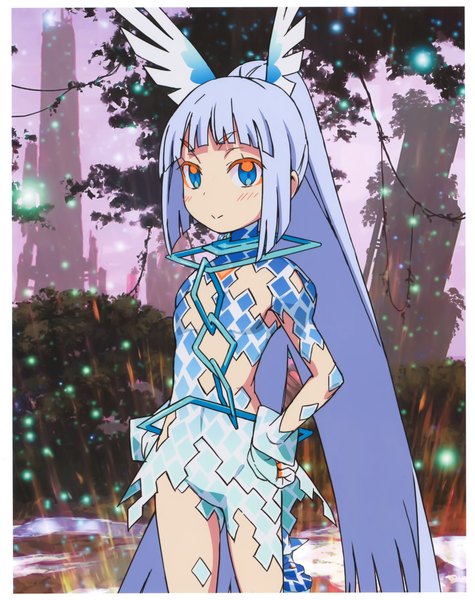 Anime picture 4240x5351 with million arthur (series) kaku-san-sei million arthur square enix single long hair tall image looking at viewer blush highres blue eyes smile blue hair absurdres ponytail scan hand on hip girl plant (plants)