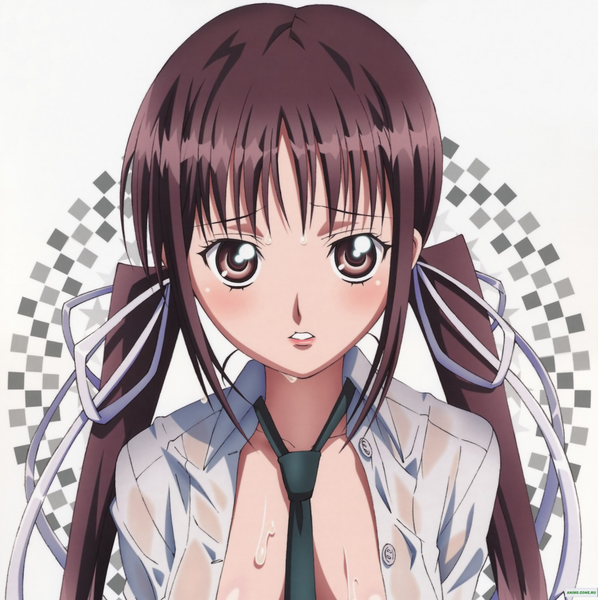 Anime picture 1991x2000 with princess lover houjouin seika long hair highres light erotic black hair twintails brown eyes open clothes sweat open shirt sweatdrop wet clothes shirt necktie
