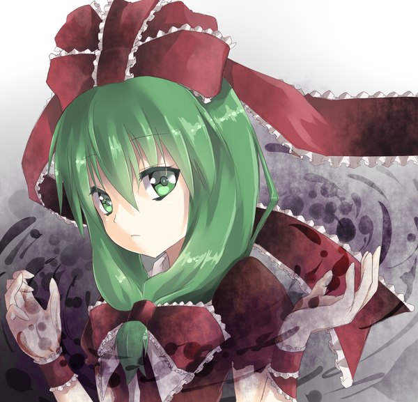 Anime picture 1850x1780 with touhou kagiyama hina yuu (genkai77) single long hair highres green eyes green hair girl bow hair bow