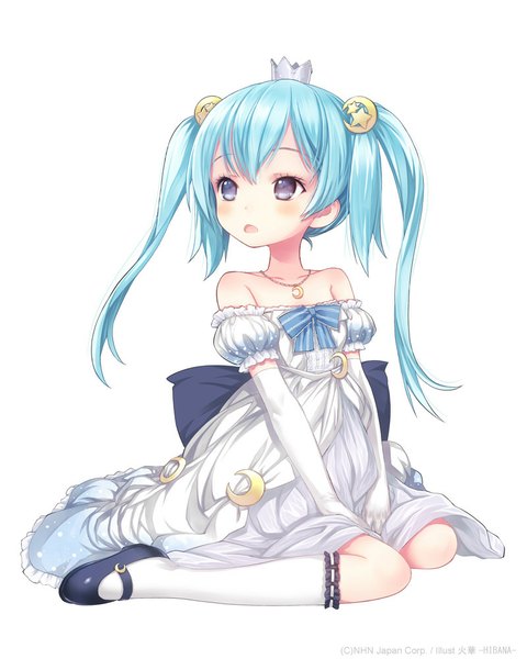 Anime picture 800x1000 with original capriccio single long hair tall image blush blue eyes simple background white background twintails bare shoulders blue hair full body girl gloves hair ornament socks elbow gloves white socks crown