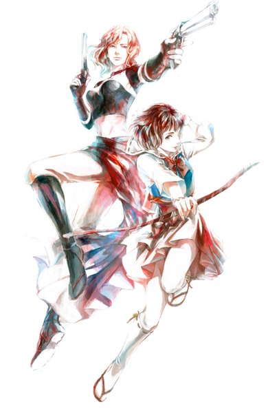 Anime picture 2070x3161 with sengoku basara production i.g tsuruhime magoichi saika c (artist) tall image looking at viewer fringe highres short hair simple background brown hair white background multiple girls pink hair soles jumping girl skirt gloves