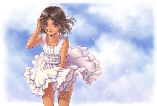 Anime picture 1631x1102 with original kosai takayuki single looking at viewer short hair brown hair purple eyes bare shoulders sky cloud (clouds) wind girl dress