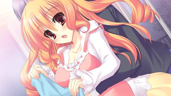 Anime picture 1280x720 with strawberry feels long hair blush open mouth red eyes wide image game cg orange hair drill hair girl
