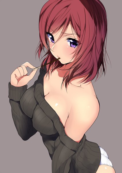 Anime picture 666x940 with love live! school idol project sunrise (studio) love live! nishikino maki matarou (genkai toppa) single tall image looking at viewer blush short hair breasts light erotic simple background large breasts standing purple eyes bare shoulders pink hair ass from above