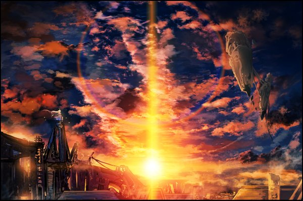 Anime picture 1280x853 with original tokiame long hair blonde hair looking away sky cloud (clouds) ahoge sunlight city evening sunset fantasy scenic girl dress stone (stones)