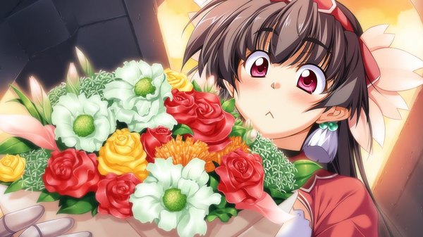 Anime picture 1024x576 with taiyou no promia flarerouge lilienthal long hair black hair wide image game cg pink eyes girl flower (flowers)