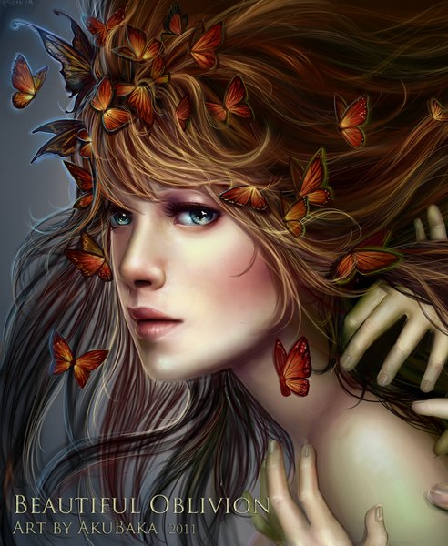 Anime picture 1000x1219 with original akubaka single long hair tall image blue eyes simple background brown hair bare shoulders lips realistic inscription portrait girl insect butterfly hand