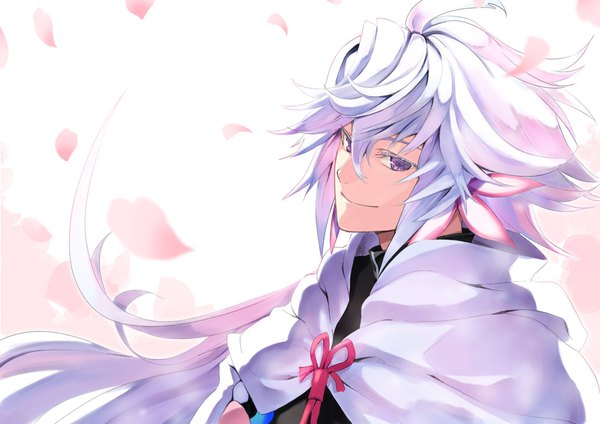 Anime picture 2048x1448 with fate (series) fate/stay night merlin (fate) akamiso (k074510) single long hair looking at viewer fringe highres smile hair between eyes purple eyes silver hair upper body boy petals