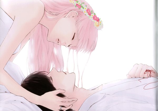 Anime picture 3457x2428 with vocaloid just be friends (vocaloid) megurine luka long hair highres short hair black hair simple background white background sitting bare shoulders pink hair absurdres lying eyes closed profile lips face to face girl dress