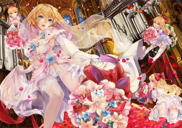 Anime picture 2480x1753 with touhou alice margatroid shanghai poyan noken long hair looking at viewer highres short hair open mouth blue eyes light erotic blonde hair pantyshot girl thighhighs dress gloves underwear panties flower (flowers)