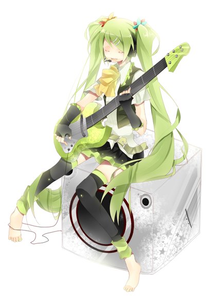 Anime picture 2480x3508 with vocaloid hatsune miku omutatsu single long hair tall image highres open mouth simple background white background sitting twintails eyes closed nail polish barefoot green hair toenail polish girl hair ornament hairclip
