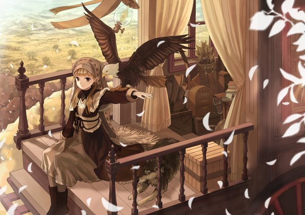 Anime picture 2480x1748 with original suya (suya000) single long hair looking at viewer fringe highres blonde hair smile sitting brown eyes from above outstretched arm girl plant (plants) animal petals boots headdress bird (birds)