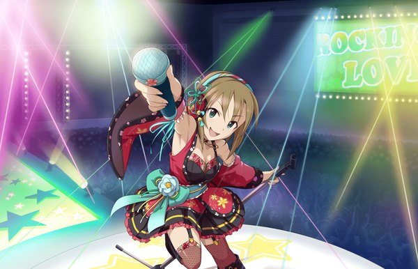 Anime picture 1280x824 with idolmaster idolmaster cinderella girls tada riina single looking at viewer short hair open mouth smile brown hair bent knee (knees) aqua eyes official art text light spread arms outstretched hand concert girl thighhighs dress