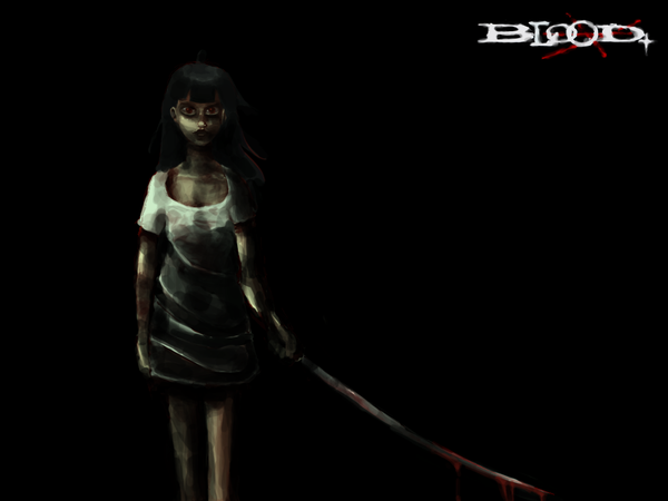 Anime picture 1024x768 with blood+ production i.g single black hair black background girl weapon sword katana blood