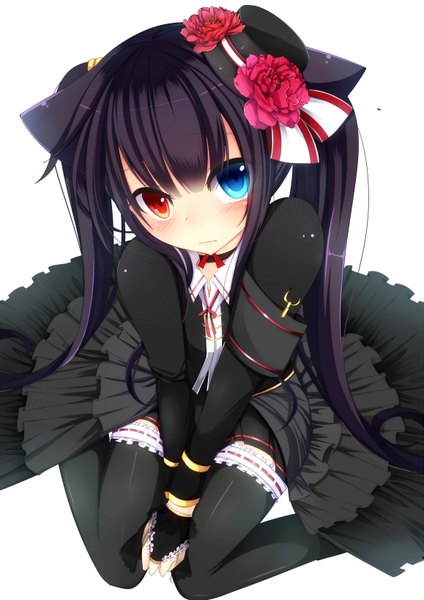 Anime picture 1157x1636 with original bloodcatblack (tsukiko) single long hair tall image looking at viewer blush fringe simple background white background sitting twintails purple hair from above heterochromia girl dress gloves hair ornament flower (flowers)