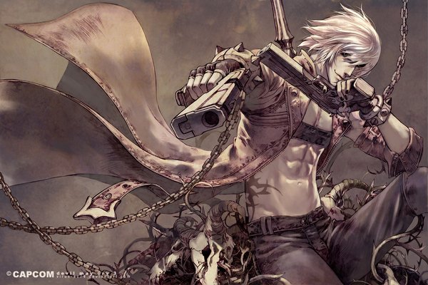 Anime picture 1000x667 with devil may cry dante (devil may cry) virus-ac74 single short hair white hair nail polish horn (horns) inscription tattoo muscle boy weapon belt fingerless gloves gun chain coat skull spiked bracelet