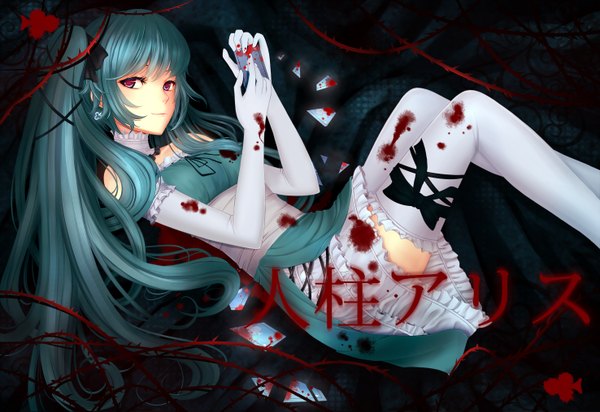 Anime picture 2952x2031 with vocaloid hatsune miku liuli (llc) single long hair highres red eyes twintails aqua hair girl thighhighs gloves bow white thighhighs elbow gloves blood thorns