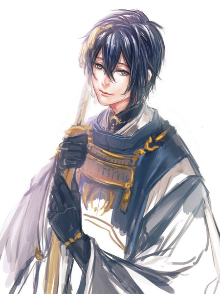 Anime picture 600x800 with touken ranbu nitroplus mikazuki munechika yamakawa umi single tall image fringe short hair black hair simple background hair between eyes white background holding brown eyes looking away upper body traditional clothes japanese clothes boy gloves