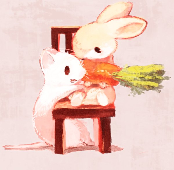 Anime picture 1105x1080 with original hidamarinomi simple background sitting shadow happy traditional media watercolor (medium) animal chair vegetables bunny carrot mouse