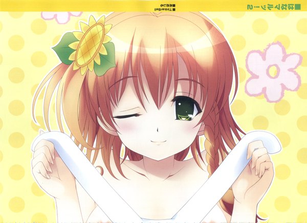 Anime picture 3377x2461 with tinker bell blush highres short hair blonde hair smile bare shoulders green eyes absurdres one eye closed wink single braid polka dot yellow background girl hair ornament hairclip