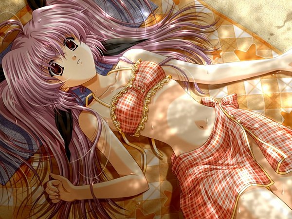 Anime picture 1024x768 with sky (game) futaba karin akira (usausa) single long hair brown eyes pink hair game cg girl swimsuit
