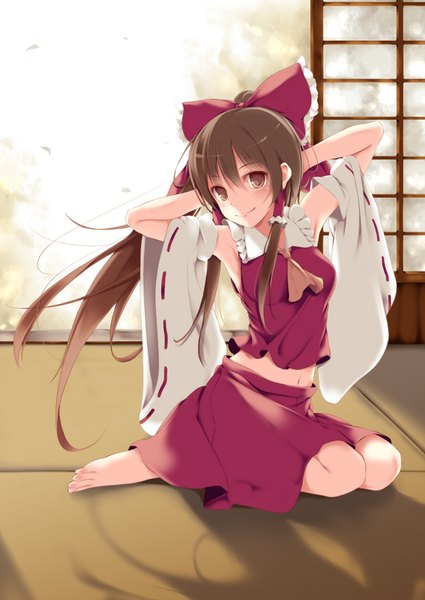 Anime picture 1254x1771 with touhou hakurei reimu fal maro long hair tall image looking at viewer blush smile brown hair sitting brown eyes barefoot girl skirt navel bow hair bow detached sleeves skirt set