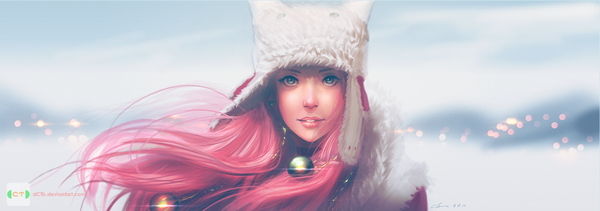 Anime picture 1280x452 with original dctb single long hair looking at viewer wide image green eyes pink hair wind lips realistic winter girl hat fur winter clothes