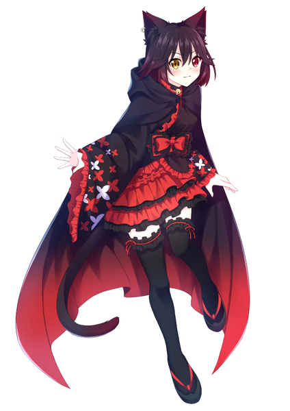 Anime picture 723x1022 with original yamida yokai (alphablob) kitsuneco single tall image looking at viewer blush fringe short hair black hair simple background smile hair between eyes red eyes standing white background animal ears yellow eyes traditional clothes japanese clothes