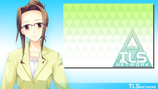 Anime picture 1600x900 with volume7 rococoworks hama asami fue (tsuzuku) single long hair looking at viewer brown hair wide image brown eyes upper body hair bun (hair buns) girl glasses